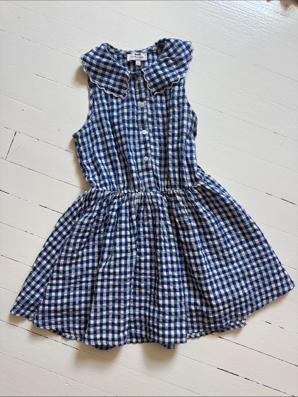 Cyrillus Blue and White Gingham Sleeveless Dress with Peter Pan Collar